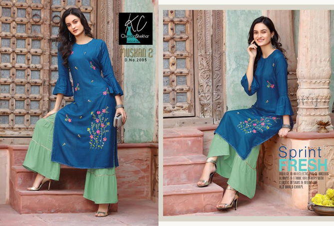 Kc Muskan 2 Heavy Rayon With Fancy Embroidery Work  latest Fancy Designer Festive Wear Kurti With Bottom Collection